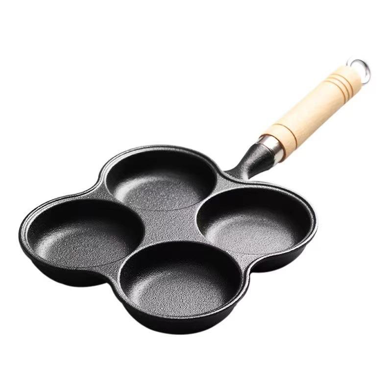 Frying Pan with 4 Holes - Non-stick Cast Iron Four-hole Egg Dumpling Pan - Deepened for Egg Buns - Non-stick Flat-bottom Pan - Egg Frying Gadget