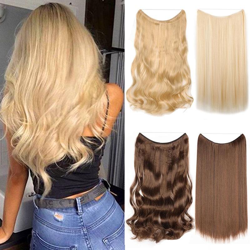 24" Invisible Wire No Clips In Hair Extensions Secret Fish Line Hairpieces Synthetic Wavy Straight Hair Extensions