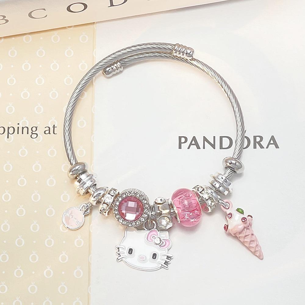 Hello Kitty Rosa Pandora Armband - Niedliches Cartoon-Katzen-Charme-Bügelarmband Schmuck