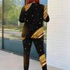 Women Plus Size Black Gold Green Printed Round Neck Long Sleeve Top And Fitted Pants Two Piece Set