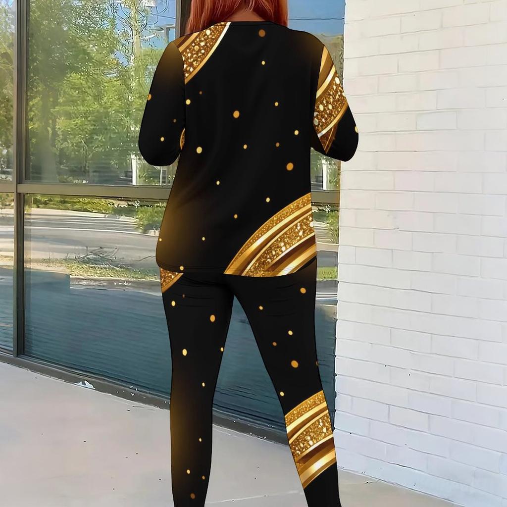 Women Plus Size Black Gold Green Printed Round Neck Long Sleeve Top And Fitted Pants Two Piece Set