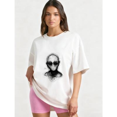 Oversized T Shirt Black Abstract Alien Face Print Casual Streetwear Fashion Top for Women and Men