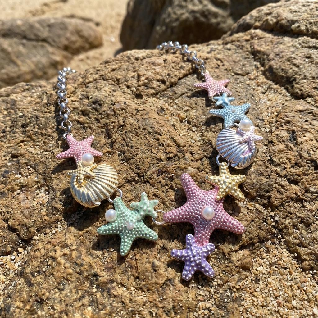 Summer Beach Colorful Vibe Starfish Shell Necklace for Women Imitation Pearl Choker Clavicle Chain Holiday Party Jewelry Gift
