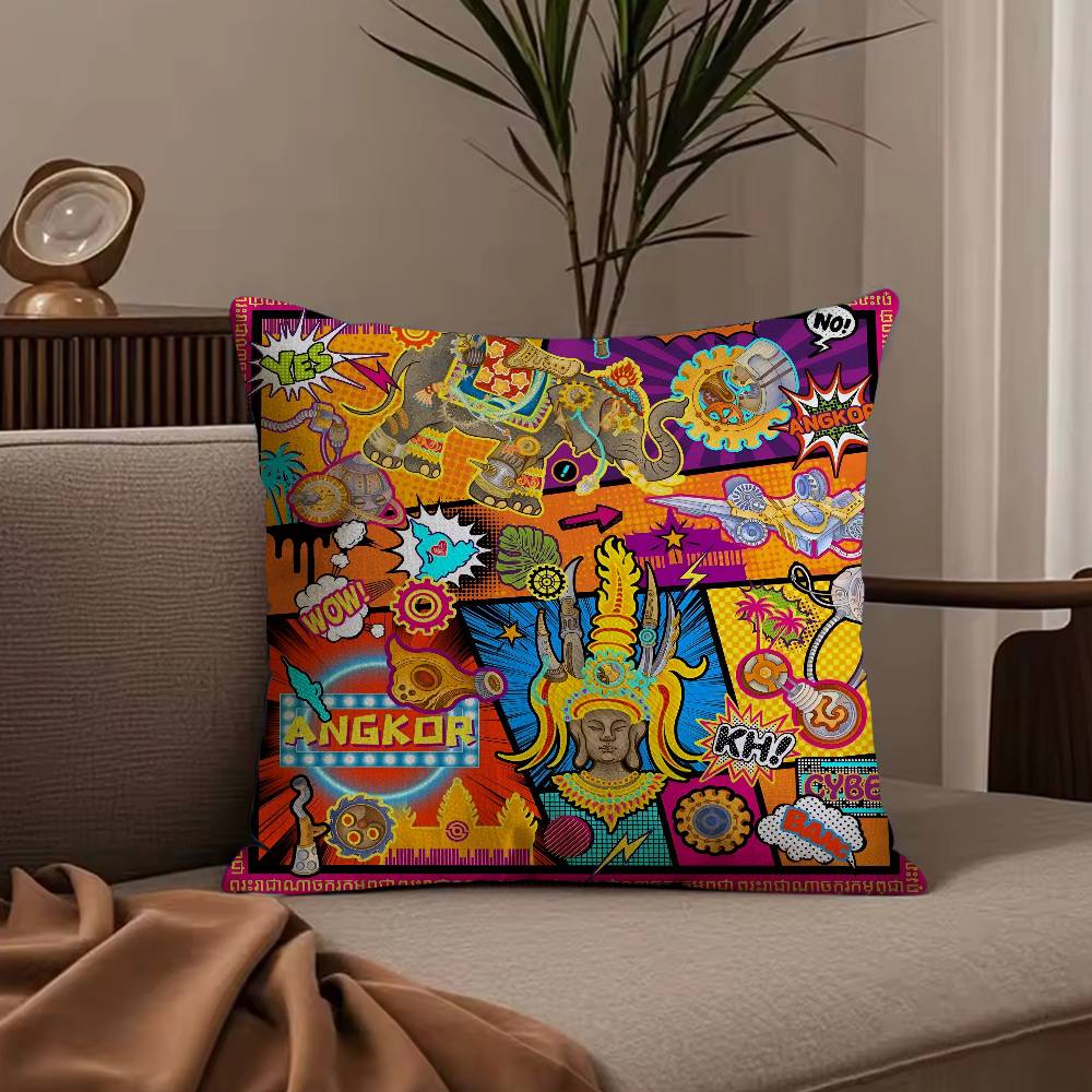 Cambodian Buddha Image Printing Pillow Case Anti-dustmite Pillowcase Invisible Zipper Silky Short Plush Sofa Cushion Cover