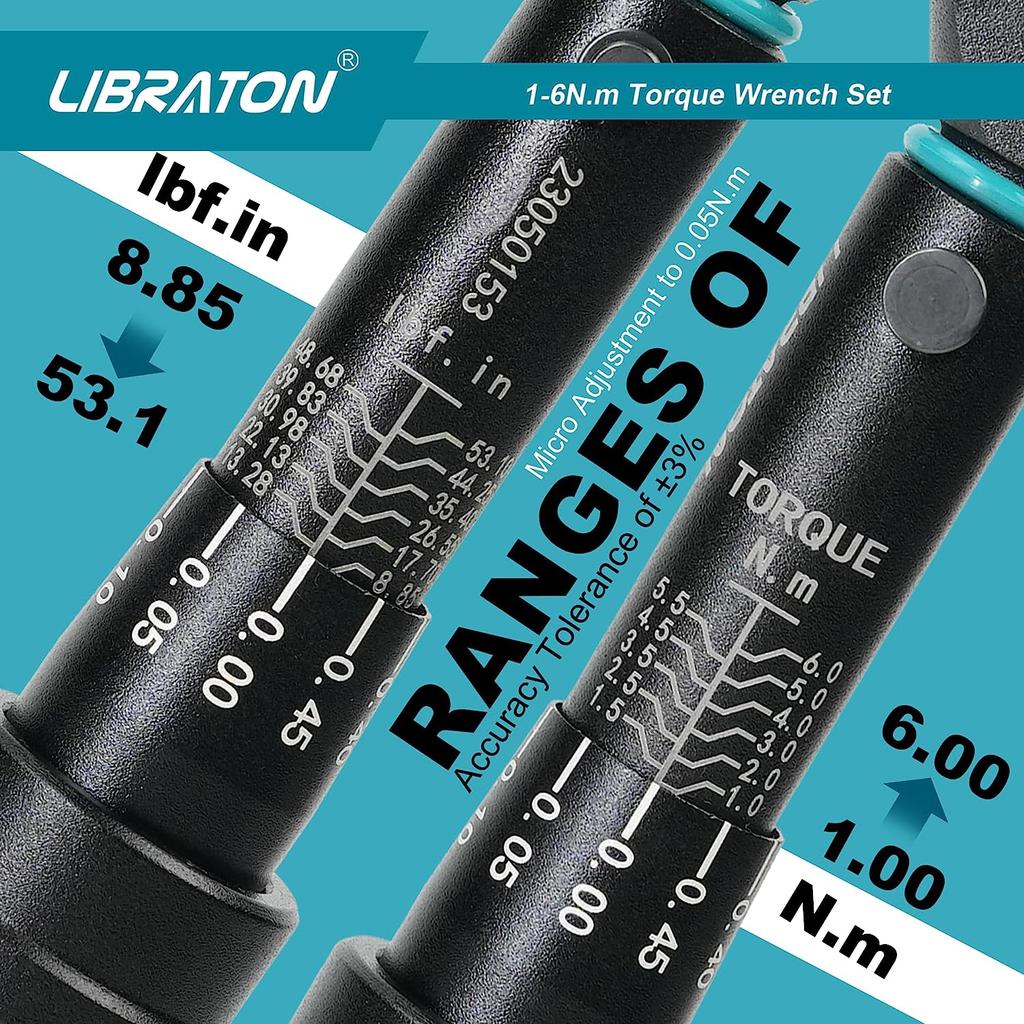 LIBRATON 1/4'' Bike Torque Wrench, 5-25Nm / 1-6Nm High Precision Torque Wrench, accuracy of ±3%, Square Drive Torque Wrench Set