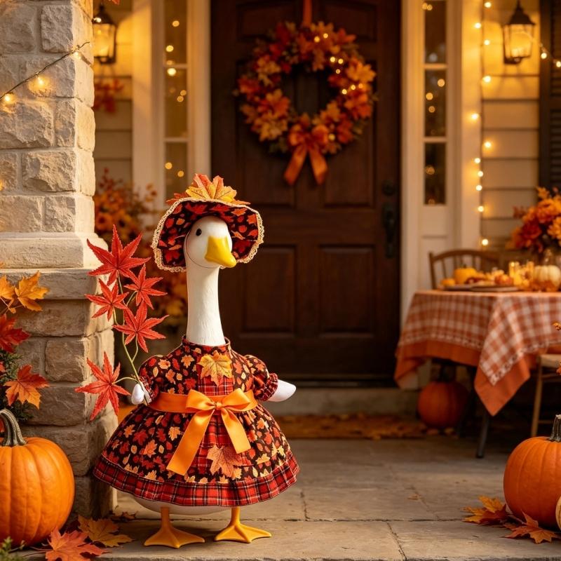 Porch Bird Outfit for Fall Thanksgiving Decoration, with Maple Dress Matching Hat for 21Inch Bird, Front Door Entryway Disp