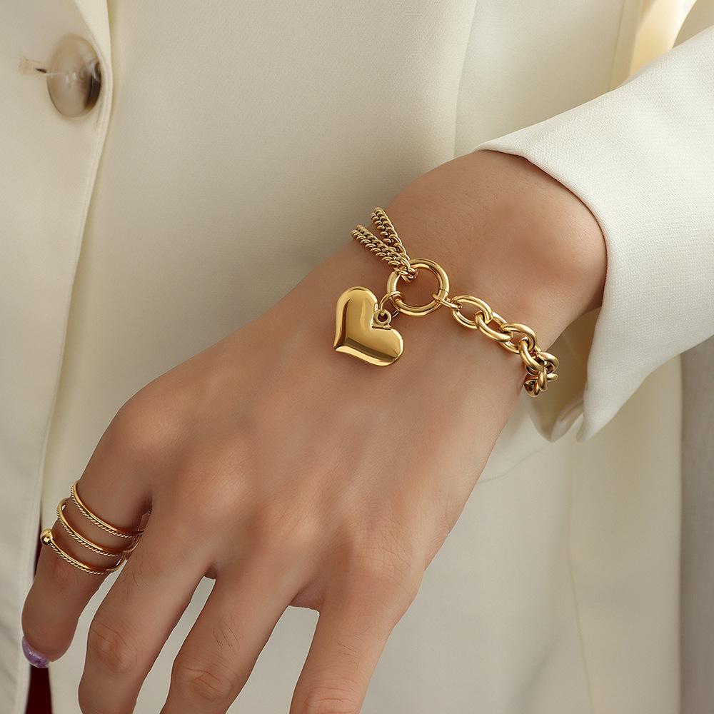 Statement Heart Pendant Bracelet Stainless Steel Gold color Zircon Fashion Metal Texture Bracelet Accessories 2023