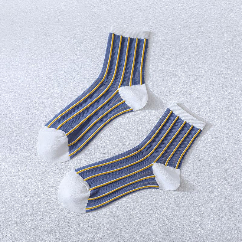 20 Spring And Summer Thin Cass Socks, Women'S Japanese Vertical Striped Glass Silk Medium Tube Socks, Fashionable Color Matching Women'S Socks