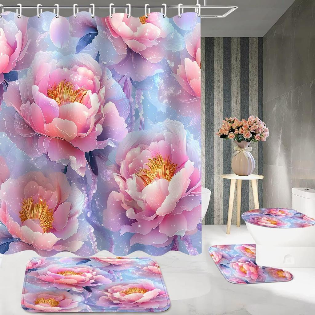 4Pcs Shower Curtain Set with Non-Slip Bath Mat, Toilet Lid Cover, Contour Rug & 12 Hooks, Bathroom