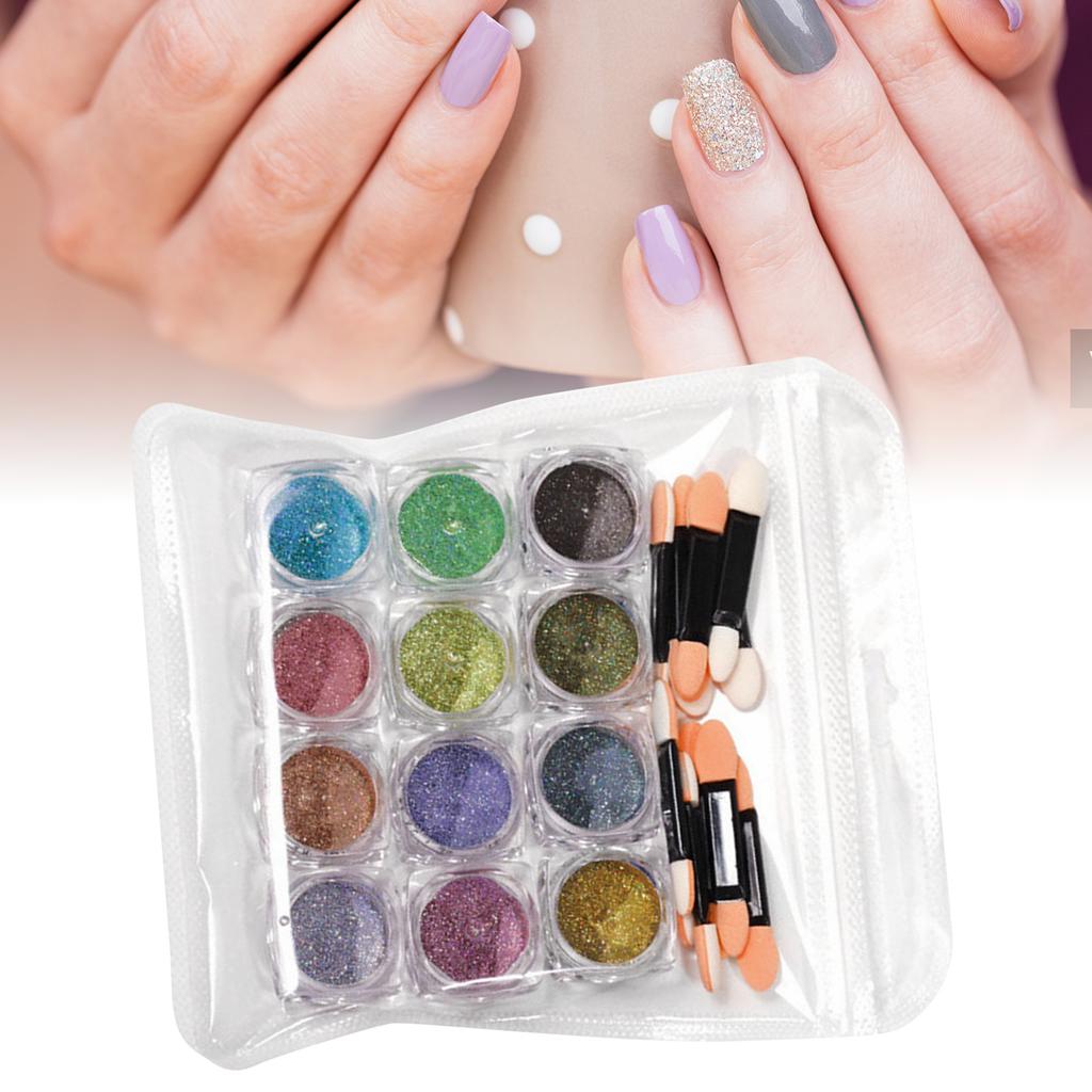 12 Colors Metallic Mirror Nail Powder Iridescent Laser High Glossy with 10 Paint Brush Manicure