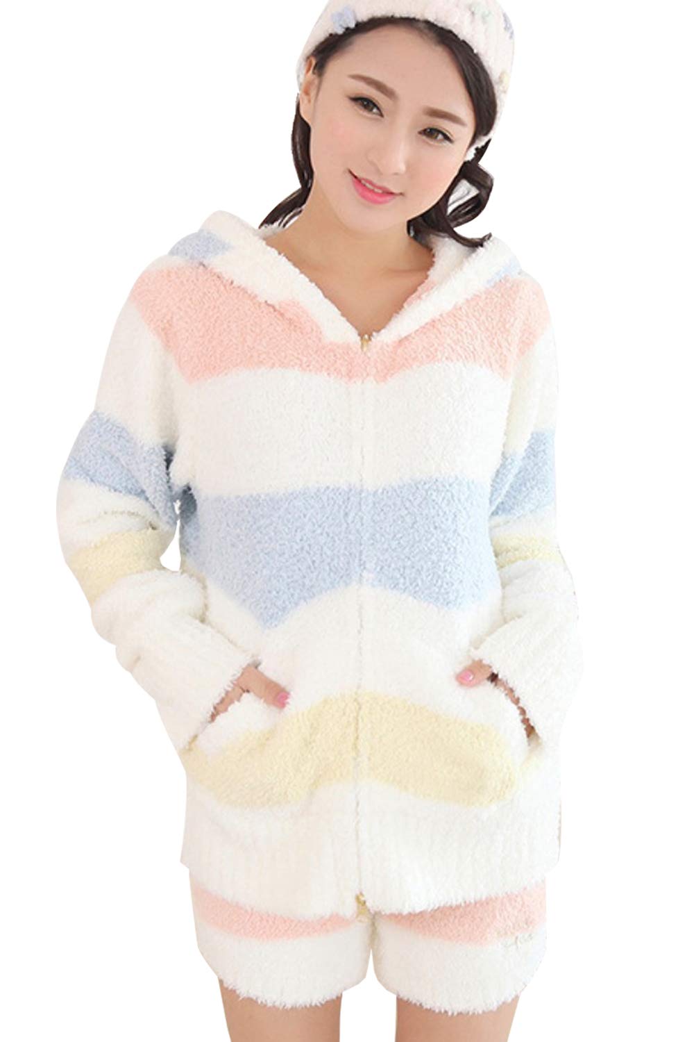 

[Seap] Women s Fluffy Loungewear Set, Cozy Hoodie & Shorts Pajamas, Warm Soft Top and Bottom Sleepwear for Home Relax (Rainbow)