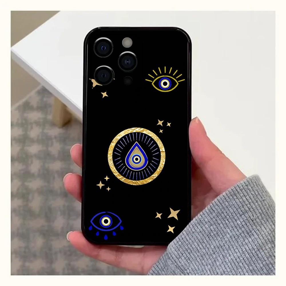 Custodia per Telefono Occhio Malvagio Blu Fortunato Per Apple iPhone 15,14,13,12,11,Pro,X,XS,Max,XR,Plus,Mini Cover Nera Morbida