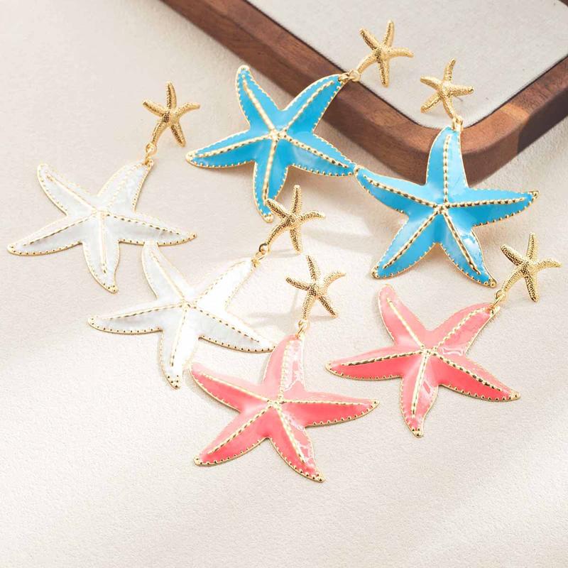 Exaggerated Drop Oil Starfish Pendant Earrings for Women Creative Metal Pentagram Earrings Beach Vacation Zircon Gifts