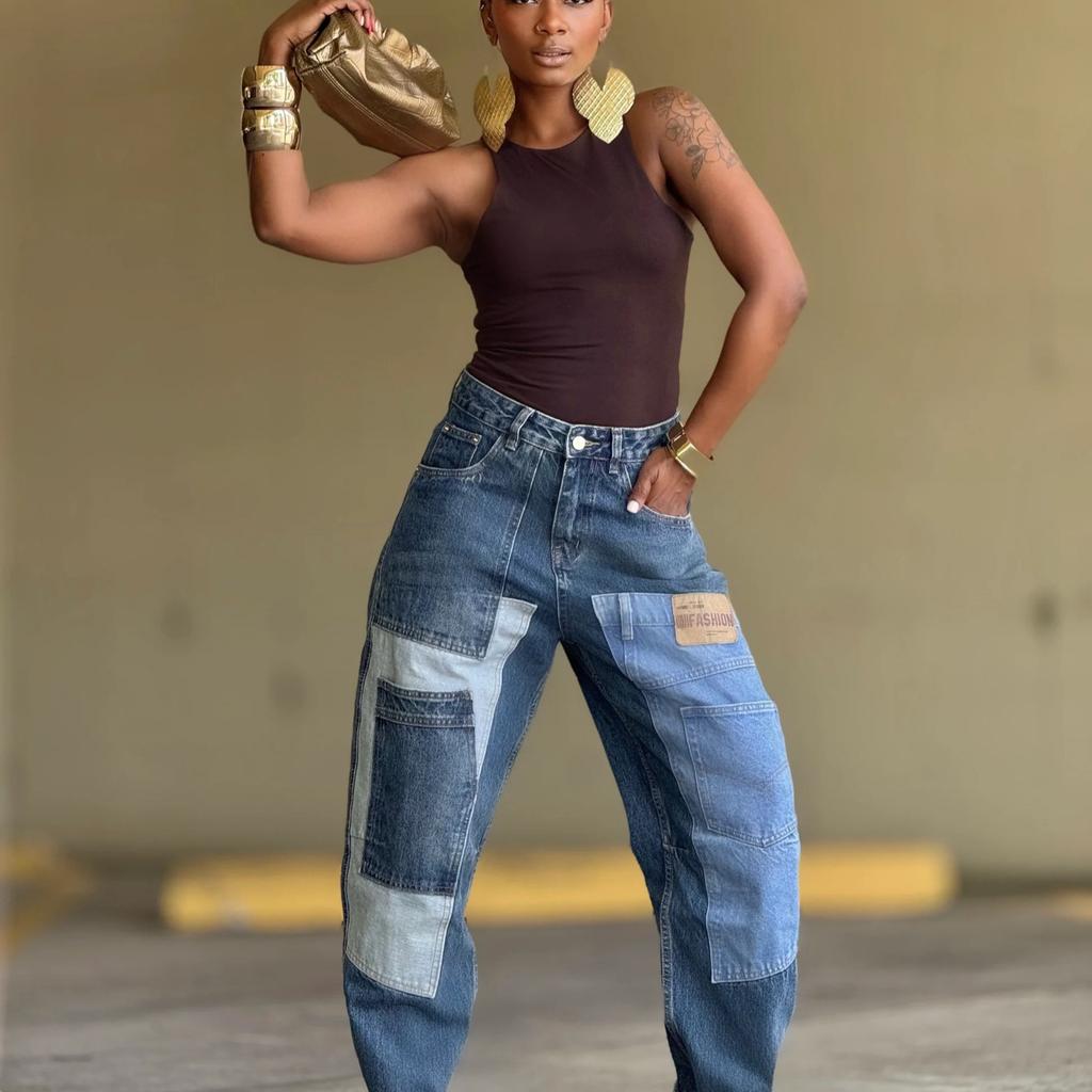 Women's Mid Rise Patchwork Patch Multi Pocket Tapered Pants Loose Fit Streetwear Color Block Denim Jeans For Spring Daily Outfits
