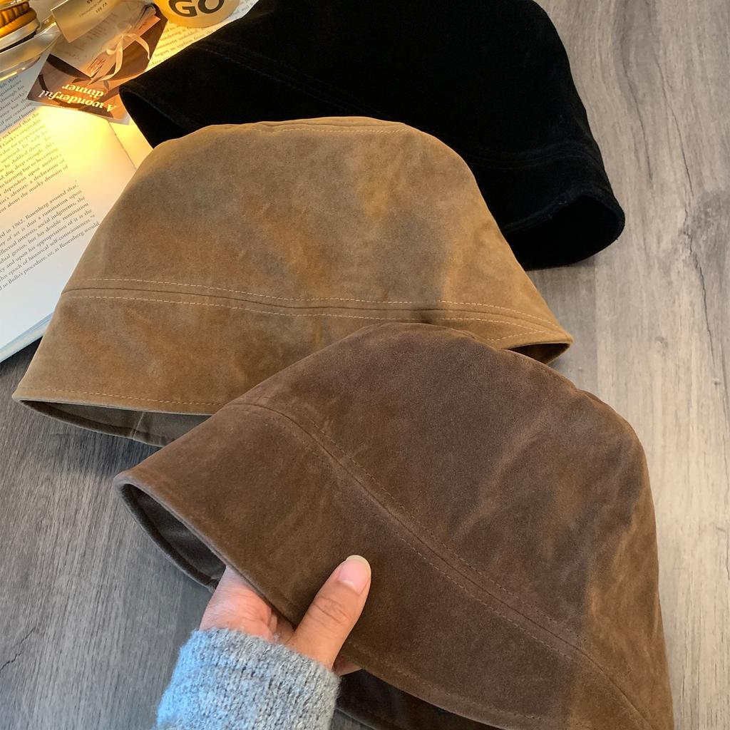 Suede Fisherman Hat Women's Maillard Retro Face Enhancing Small Bucket Versatile Head Circumference Coffee Colored