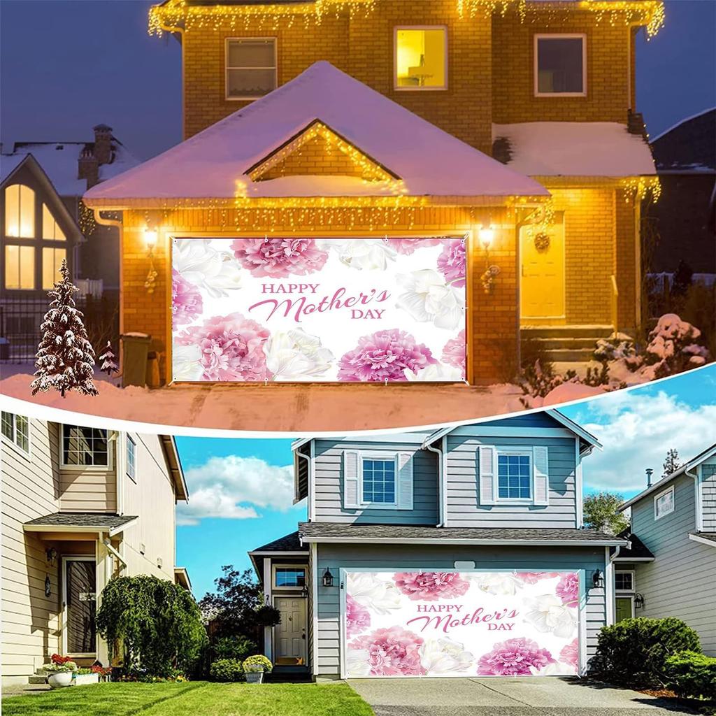Leowefowa Mother's Day Light Banner 16x7ft Pink Floral Garage Door Decor