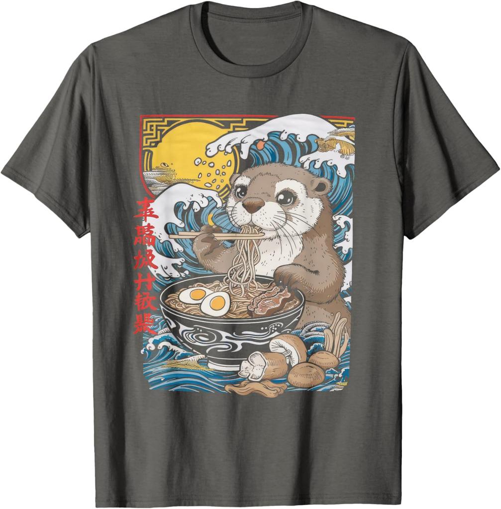 Otter Eating Ramen Graphic Tee Cute Japanese Wave Anime Style TShirt Casual Comfort