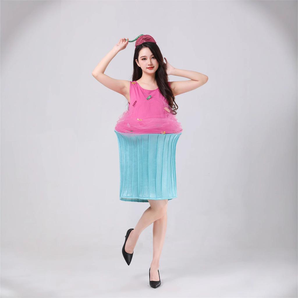 Halloween Food Ice Cream Adult Pink Cake Dress with Hat Set Funny Party Costume