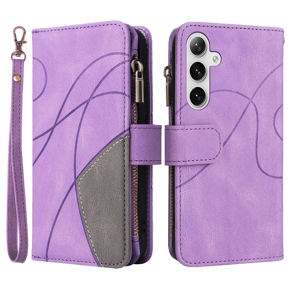 

For Samsung Galaxy S25/S24 Leather Case with Strap Zipper 9 Card Slot Phone Cover Stand Light Purple