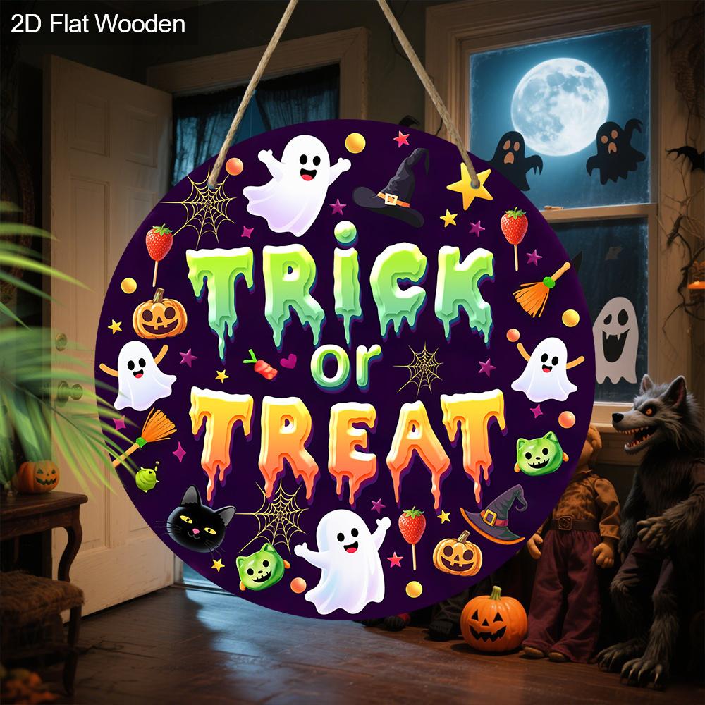 JIT 1pc 2D Flat 'trick or Treat' Halloween Theme Wooden Decorative Signs & Plaque, Bohemian Style Wall Hanging Decor, Suitable for Family Front Door