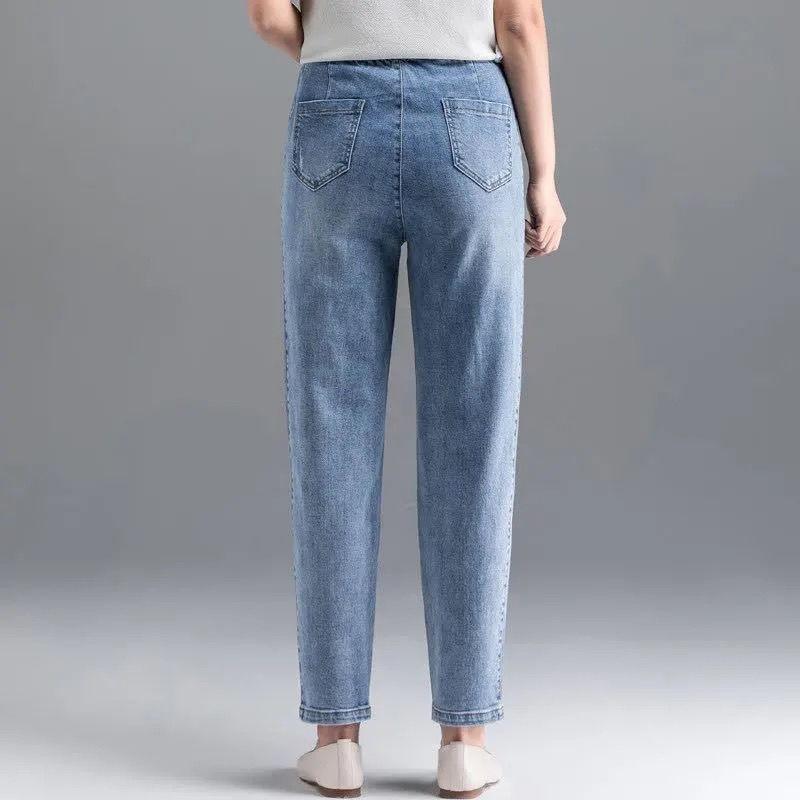 Spring Summer Oversize 80kg Ankle Length Harem Jeans High Waist Stripe Denim Pants Baggy Blue Woman Casual Spodnie Trouser