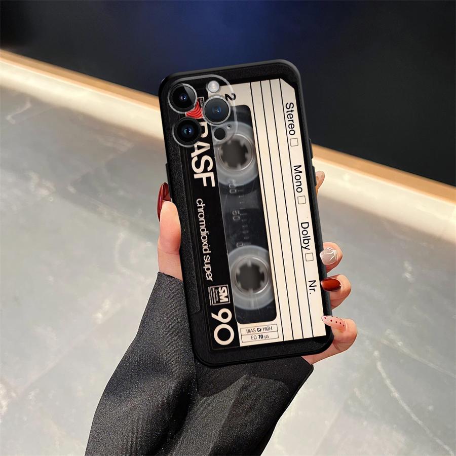 Retro Cassette Tape Case for iPhone XS Max 7 8 13 12 11 17 Pro Max 15 16 14 Plus 17Air XR Black Soft Phone Cover