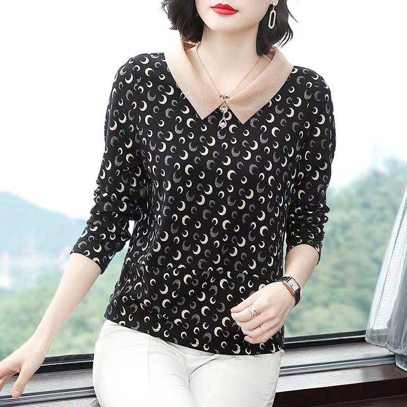 Frühling Herbst Polo Kragen Langarm T-shirt frauen Lose Mom Bodenbildung Shirt Neue Floral Top M-5XL