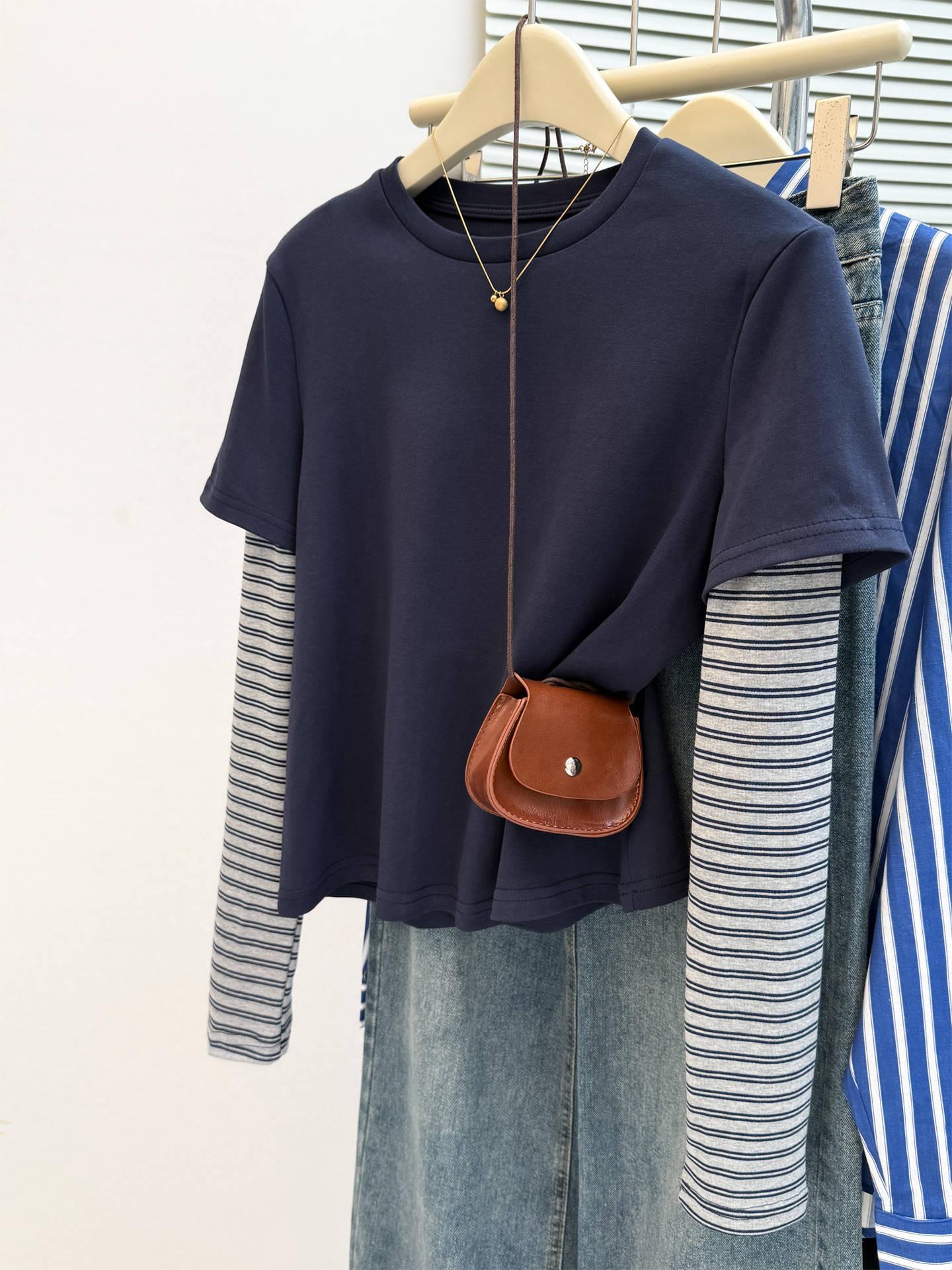 Women s Dark Blue Striped Contrasting Long-Sleeve Faux Two-Piece Designer Top for Fall 2025 M