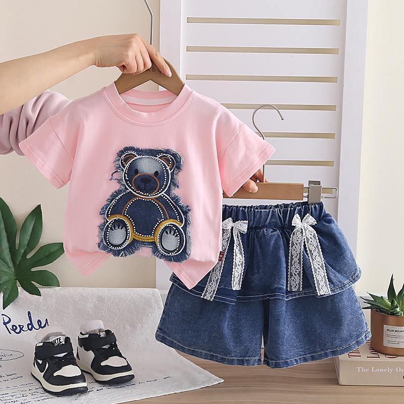 Girls Summer Cartoon Bear Print Denim Pants and Short Sleeve Two Piece Set 90