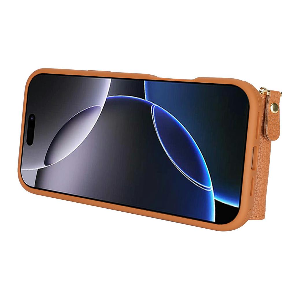 For iPhone 16 Pro Case with Zipper Pouch/Ring Kickstand/Strap Litchi Texture PU + TPU Phone Cover