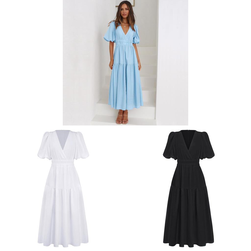 Summer Elegant Deep V Bubble Sleeve Maxi Dress With Pleated Fabric For Women