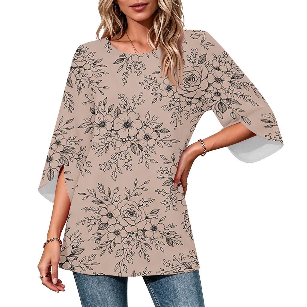 Women's Color Neck Three-Quarter Sleeve Casual Top