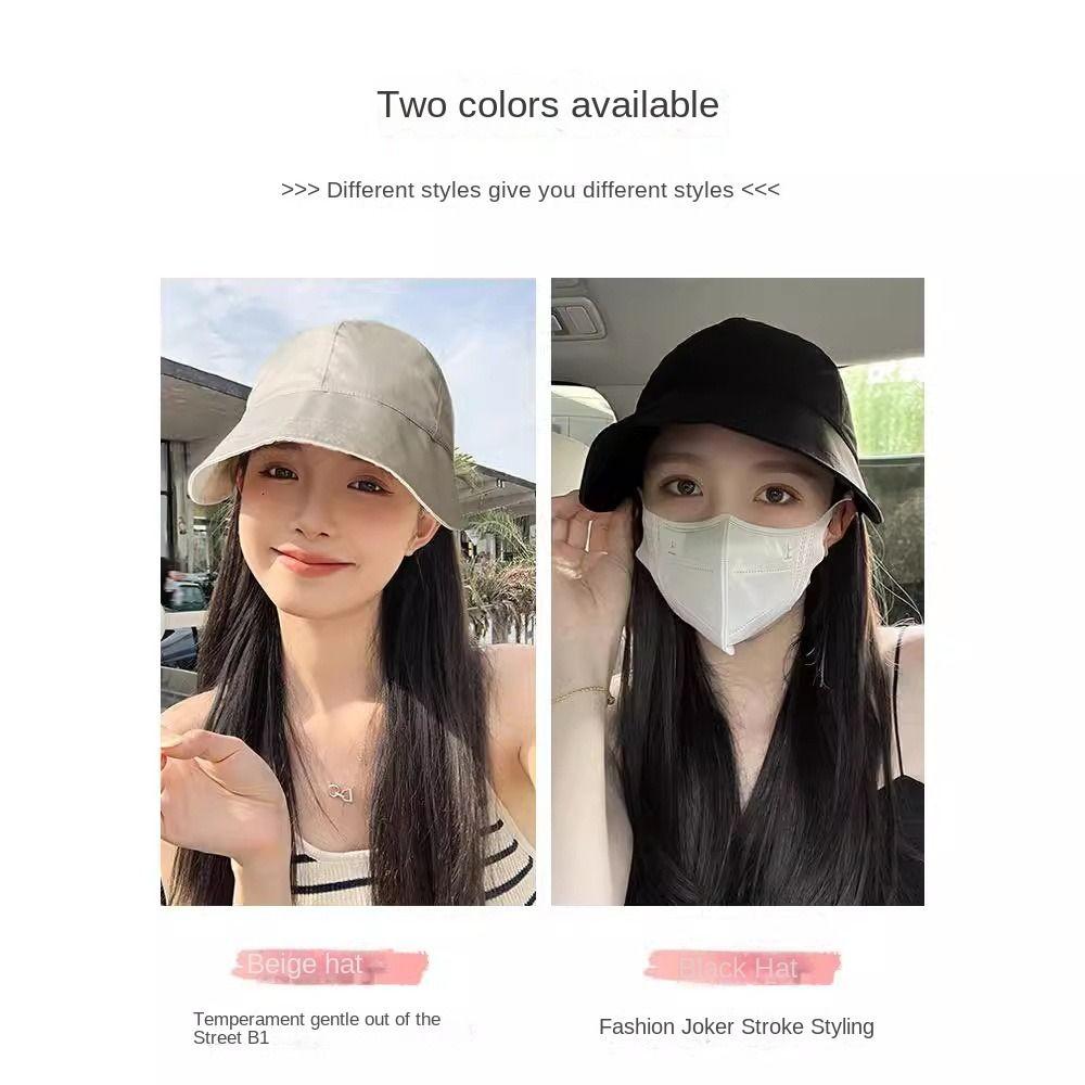 Wide Brim Fisherman Hat with Wig Sunscreen Short Straight Hair Casual Women Sun Cap Wig  Summer