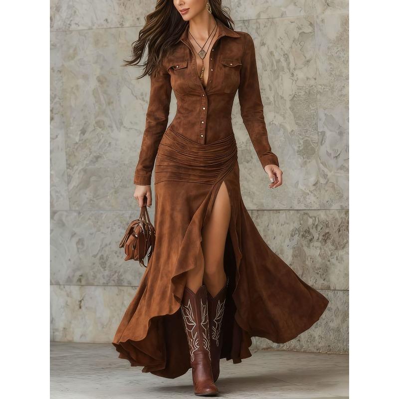 2026 autumn and winter popular European and American slim-fit zipper stand-up collar split-ended long dress