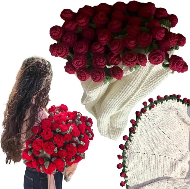 

Набор для вязания пледа с цветами ручной работы, крючком, букет роз, плед, романтический цветочный подарок для женщин, для особых случаев, ко Дню матери, домашний декор красный