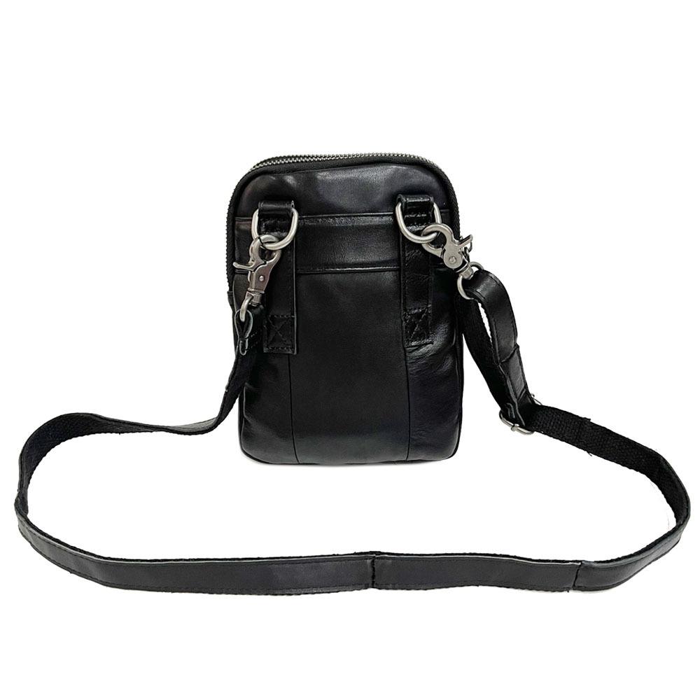 Men'S Genuine Leather Mobile Phone Bag Wearing Belt Waist Bag Multi-Function Shoulder Messenger Bag Black Cowhide Double Zipper Bag