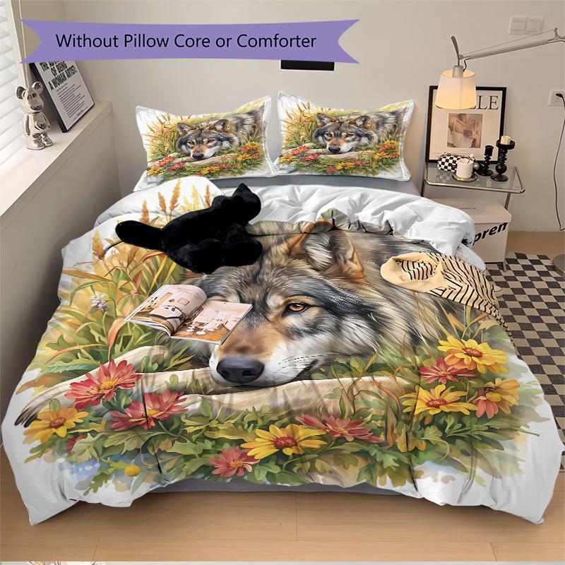 3pcs Serene Wolf amidst Nature's Splendor Printed Duvet Cover Set (1 * Cover+2 * Pillowcase, Without Core), Suitable for Home Bedroom, Guest Room