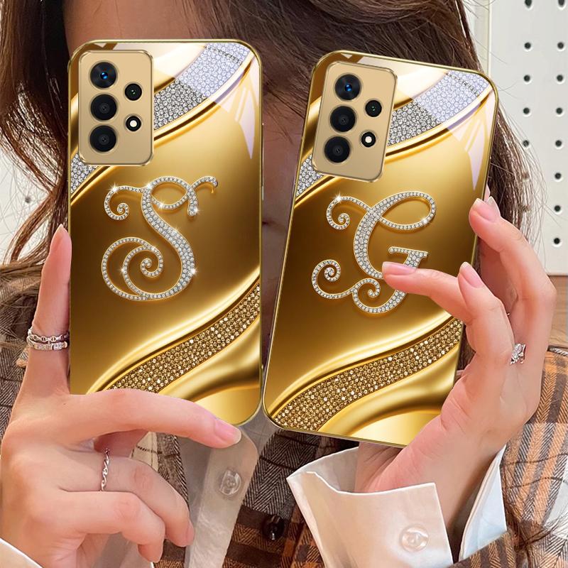 Gorgeous Letters "M W" For Samsung A73 A72 A71 A42 A56 A55 A54 A53 A52s A52 A51 A36 A35 A34 A33 A32 A16 Golden Glass Phone Case