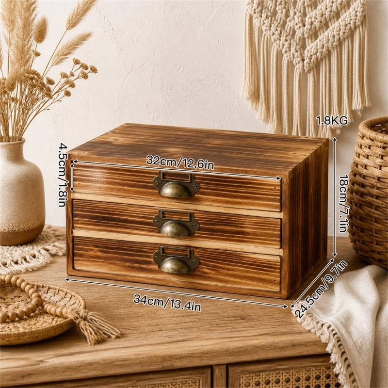 Three Compartment Wooden Desk Storage Cabinet, Tabletop Box with Metal Pulls for Mail, Jewelry, Office and Dresser Area