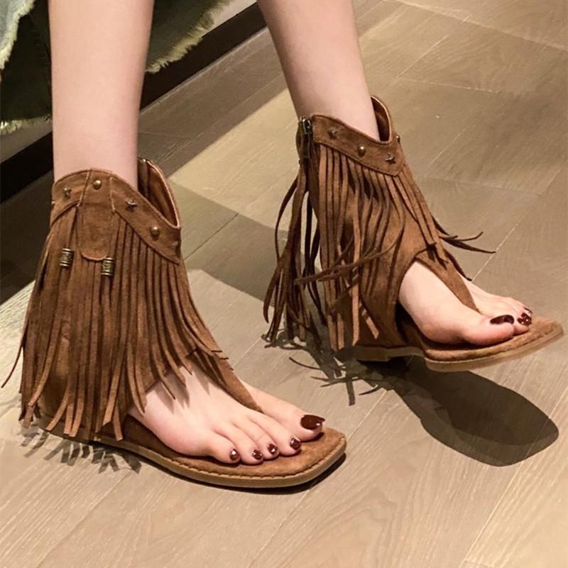 Fashion Metal Rivet Zipper Women Flip-flops Fashion Fringe Flat Designer Sandals Summer Simple Comfortable Non-slip Women Roman Shoes