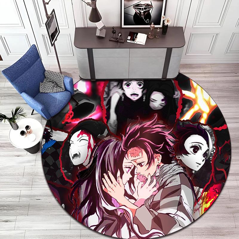 Classic Japanese-style Cartoon Demon Slayer Round Rug, Home Soft Decorative Anti-slip Yoga Mat and Chair Mat, Outdoor Floor Mat Carpet K6
