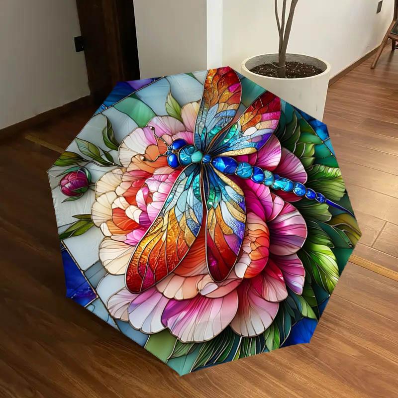 

Stained Dragonfly on Flower Design Automatic Opening Umbrella, Portable Tri-Fold Design with 8-Bone Iron Frame, Gift for Fans, Travelers, Da