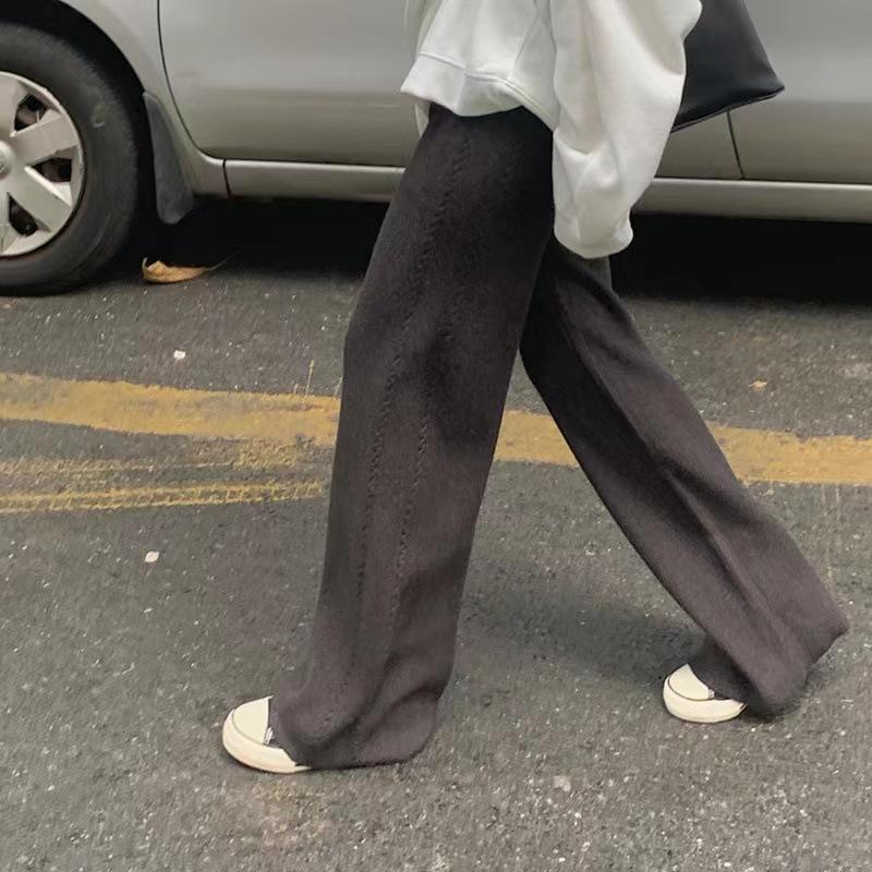Loose High-waisted Knit Grooved Wide-leg Pants for Women, Slimming Autumn and Winter Outerwear, Draped Floor-length Straight-leg Casual Pants Trendy