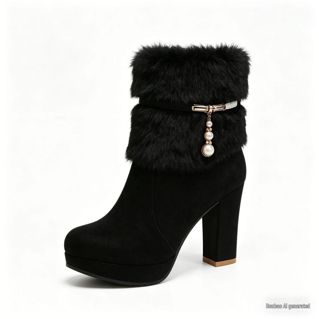 Waterproof Plush High Heel Ankle Boots with Velvet Lining - Autumn/Winter Turn-up Chunky Platform