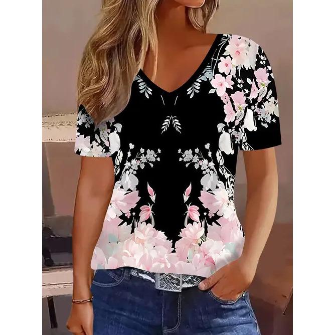 

Летний топ с V-образным вырезом, 3D принтом в виде бабочек и цветов, модная повседневная женская футболка с коротким рукавом 5XL