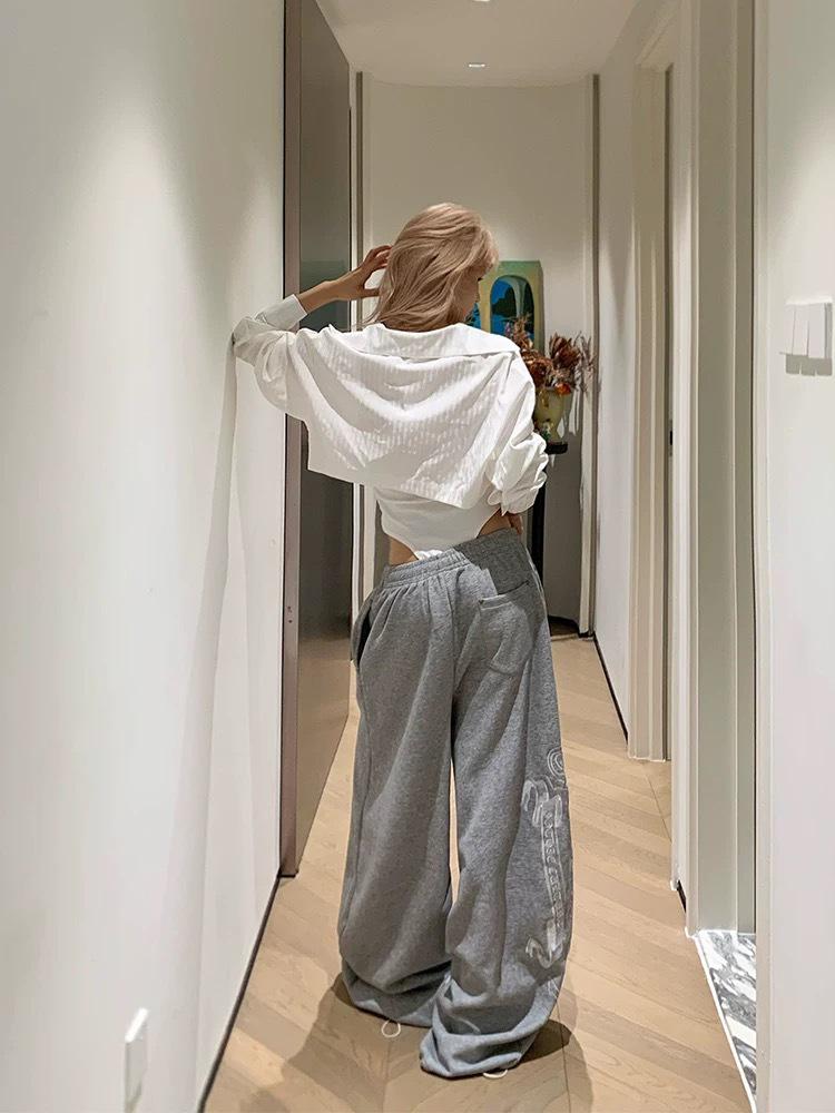 Women's Autumn Wide-Leg Hip Hop Sweatpants with Side Letter Embroidery and Drawstring for Jazz Dance