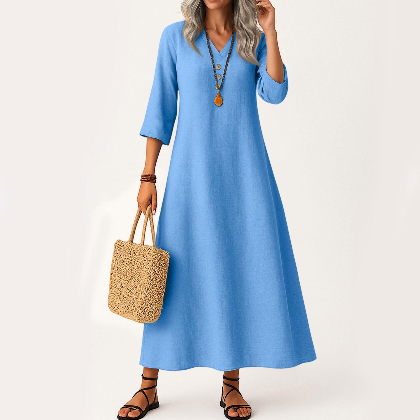 

Платье для женщин длинное бохо пляжное платье элегантное макси-платье V-образный вырез рукав 3/4 XXL синий