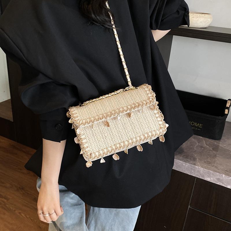 High-end woven bag women's new summer fashion fringed shoulder small square bag versatile messenger bag