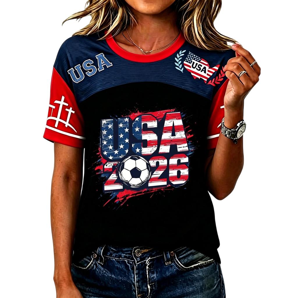 Women's Casual Short Sleeve Pullover Top Crew Neck Soccer Graphic Print Lightweight T-Shirt for Everyday Wear