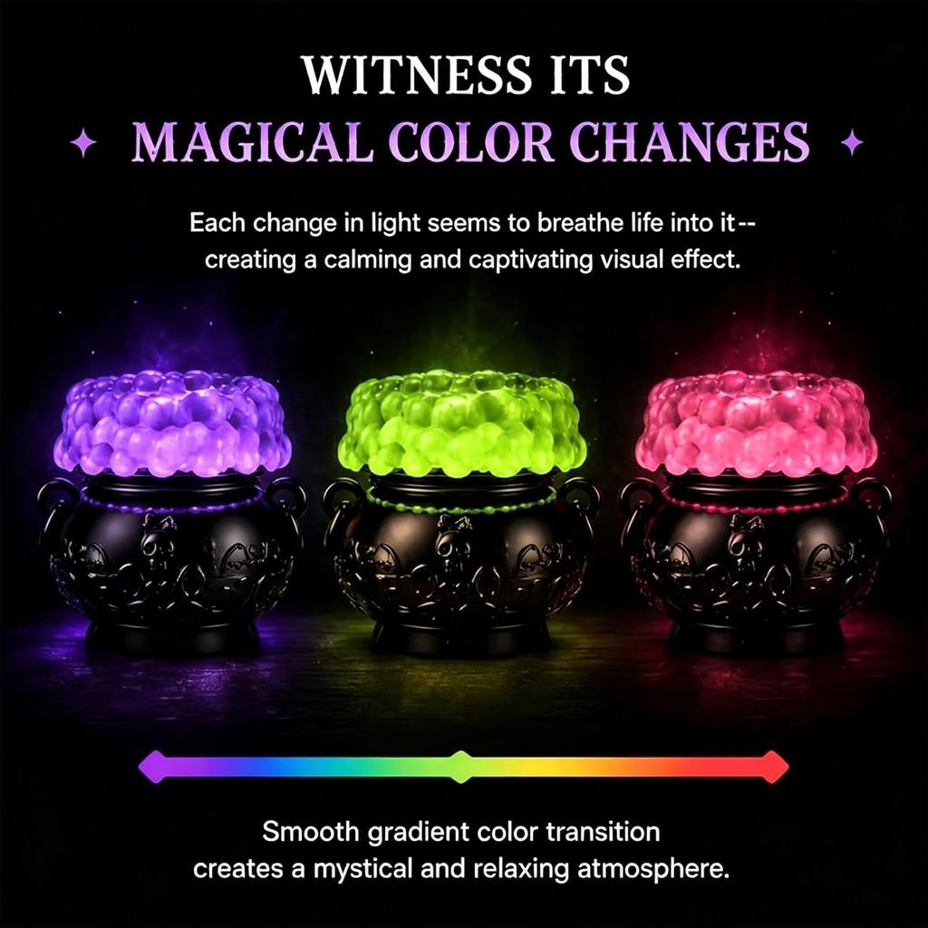 Light-up Color-Changing Cauldron Waterglobe 3-Wick Candle Holder Halloween Witch Bubble Cauldron Decor LED Soft Light Spooky Ambience Table